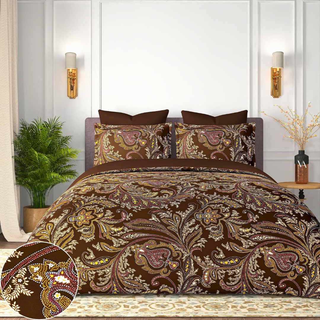 100% Cotton King bedsheet with 2 pillow covers - Brown Paisley