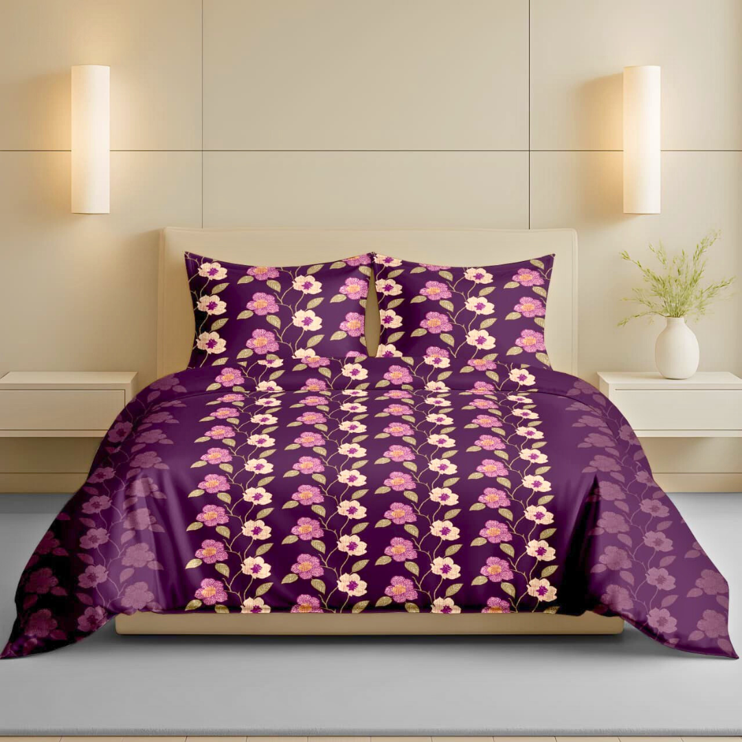 100% Cotton Double bedsheet with 2 pillow covers - Purple Florals