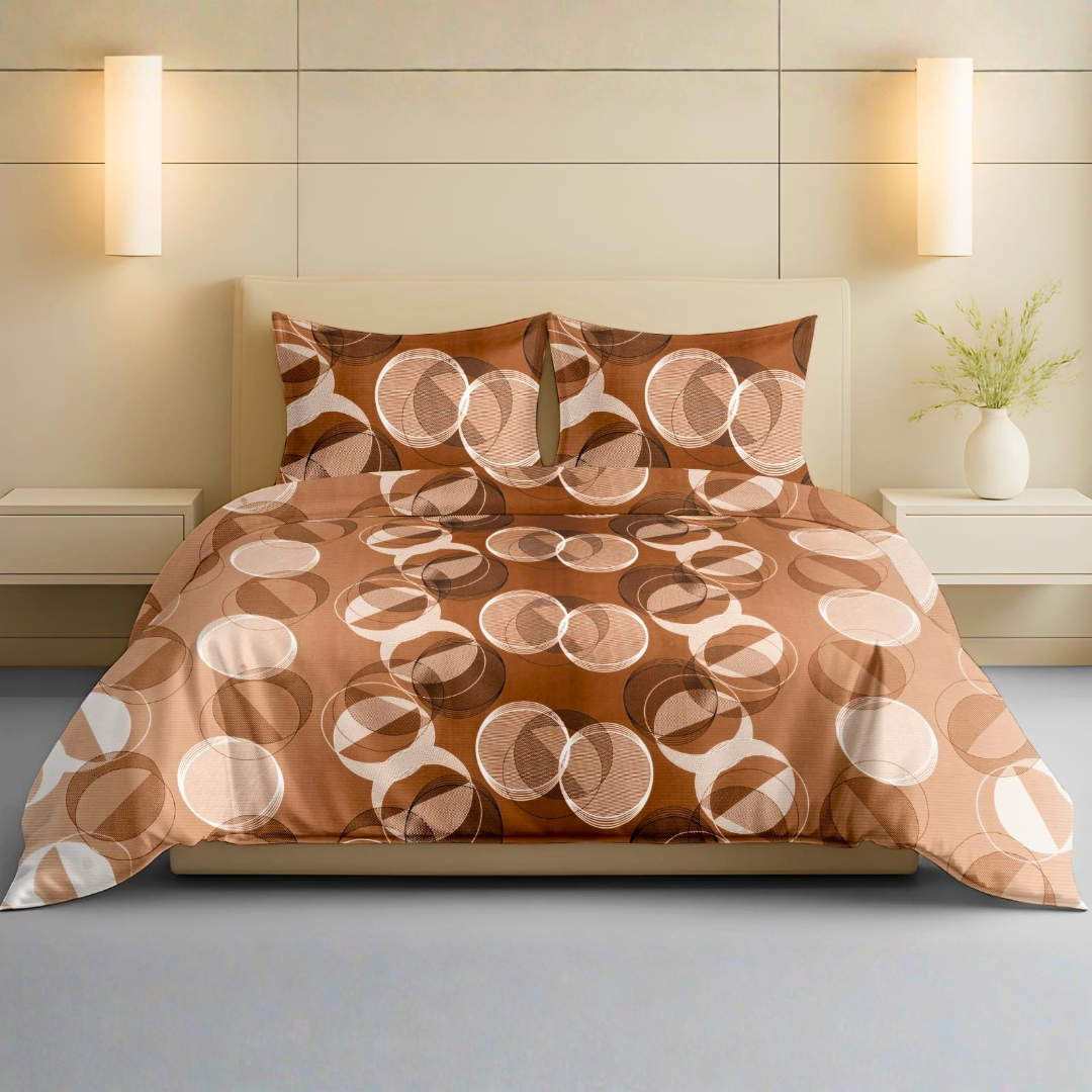 100% Cotton Super King bedsheet with 2 pillow covers - Mocha Rings
