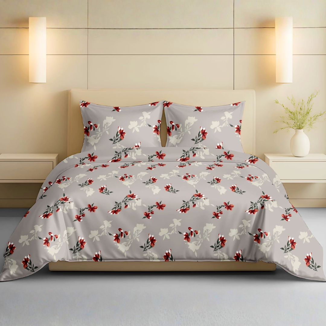 100% Cotton Double Bed bedsheet with 2 pillow covers - Silver Blossom