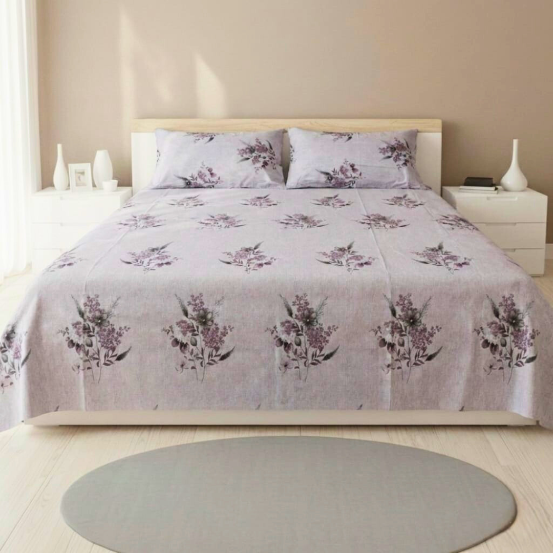 100% Cotton Double bedsheet with 2 pillow covers - Mauve Bloom