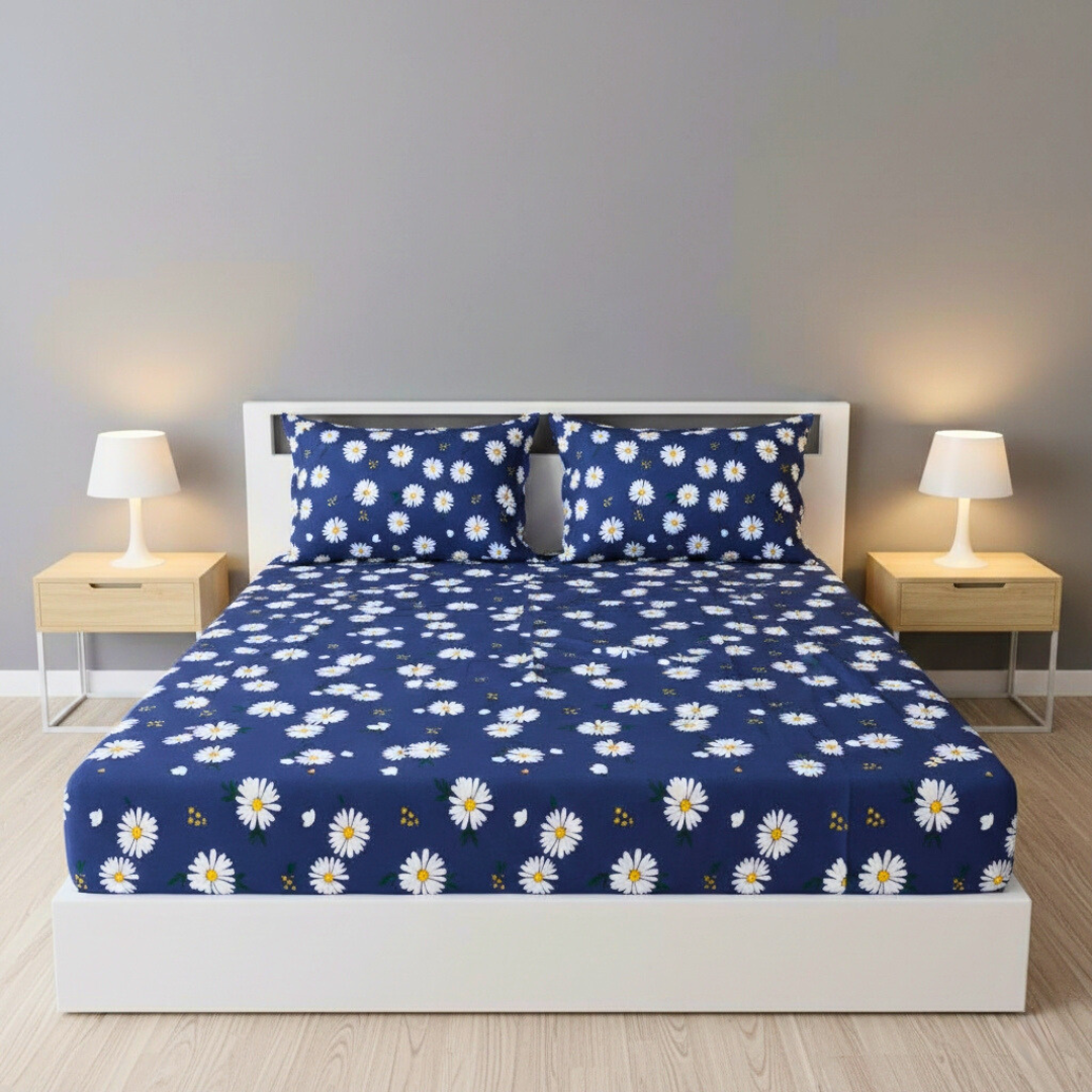 Polycot Double Bed Fitted bedsheet with 2 pillow covers - Midnight Daisy