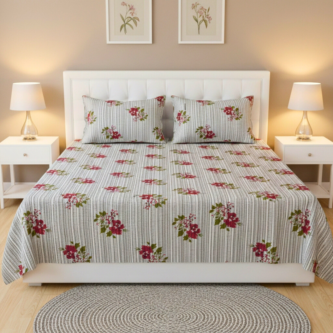 Bajaj Cotton Double bedsheet with 2 pillow covers - Floral Lines