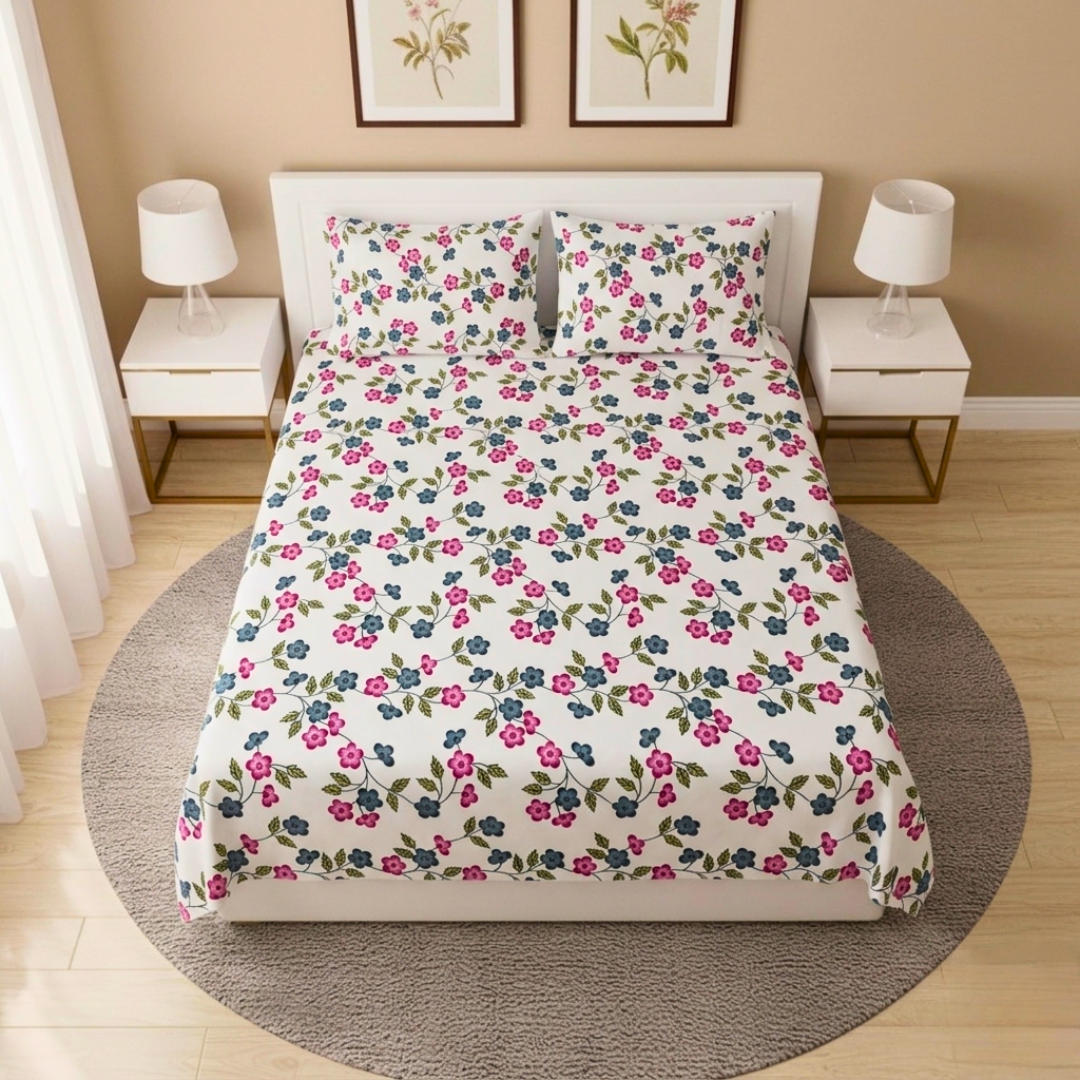 Polycot Double Bed Bedsheet with 2 Pillow Covers - Pink Floral