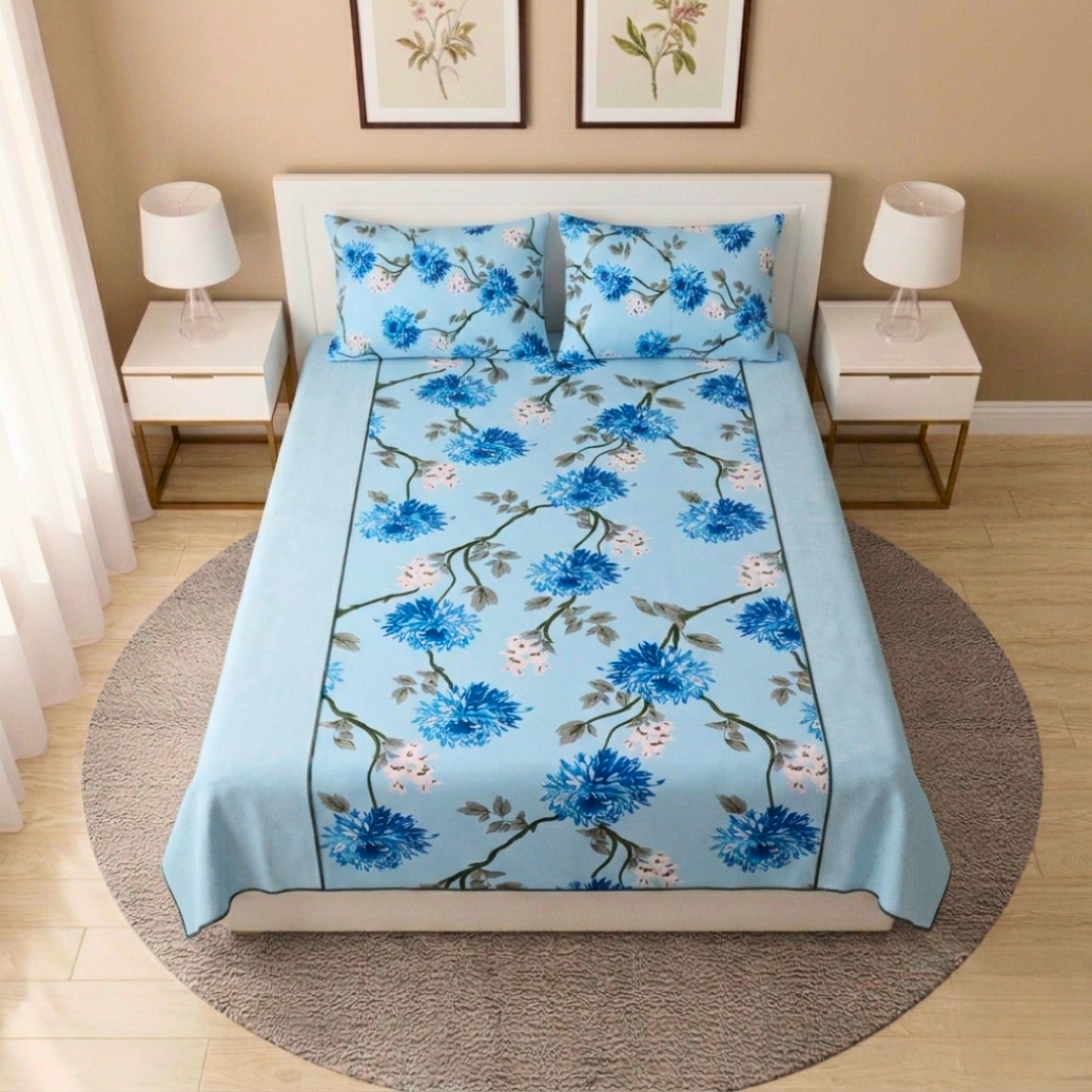 100% Cotton King bedsheet with 2 pillow covers - Blue Floral
