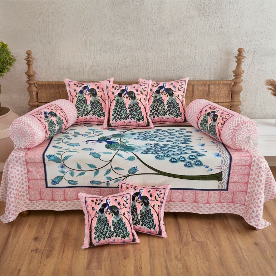 Pure Cotton Diwan Set of 6 (1+2+3) - Peacock Charm