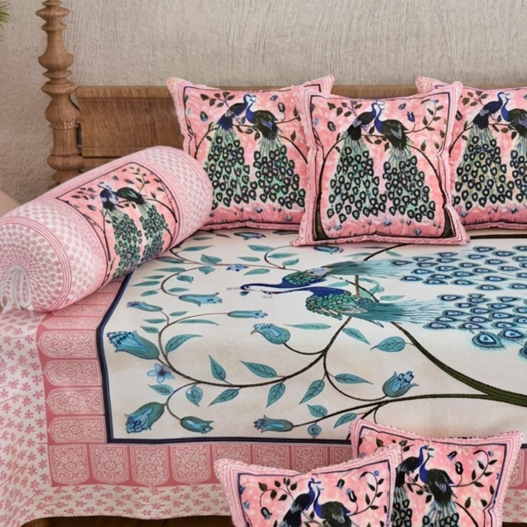 Pure Cotton Diwan Set of 6 (1+2+3) - Peacock Charm - Image 2