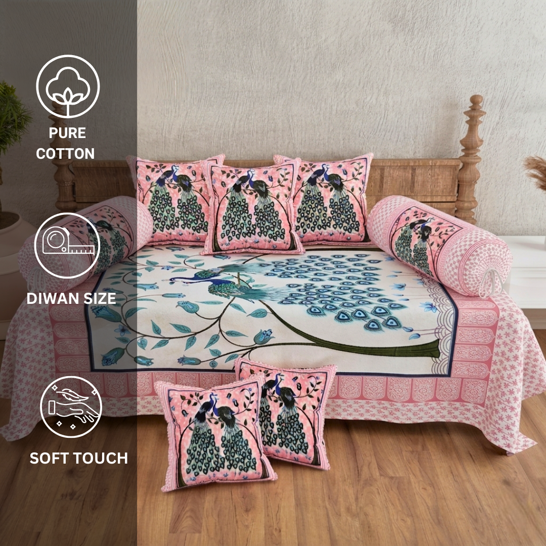 Pure Cotton Diwan Set of 6 (1+2+3) - Peacock Charm - Image 6