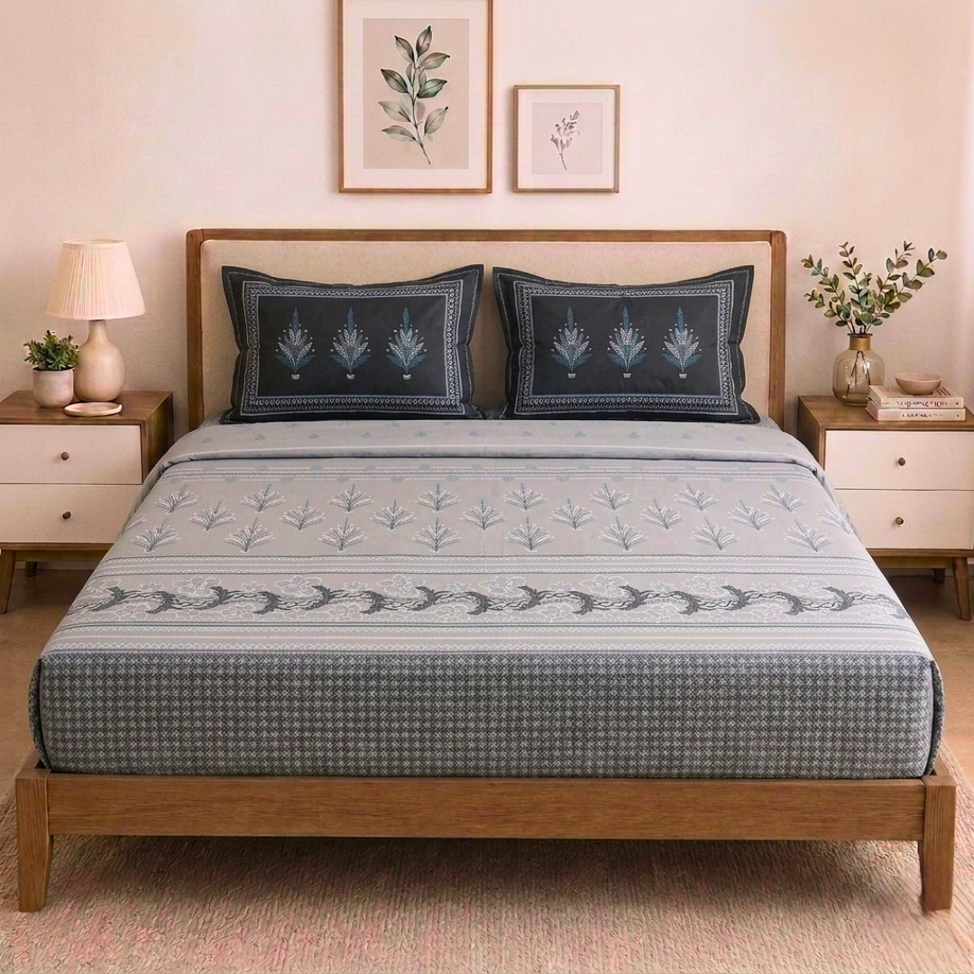 100% Cotton King bedsheet with 2 pillow covers - Artisan Grey