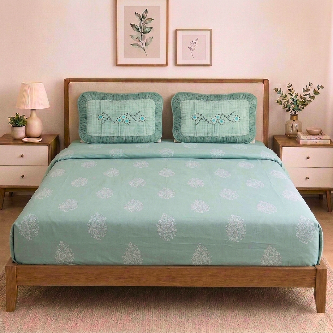 100% Cotton King bedsheet with 2 pillow covers - Tranquil Green