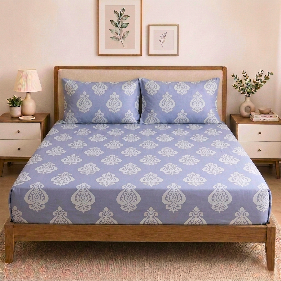 100% Cotton Double Bed bedsheet with 2 pillow covers - Vintage Motif