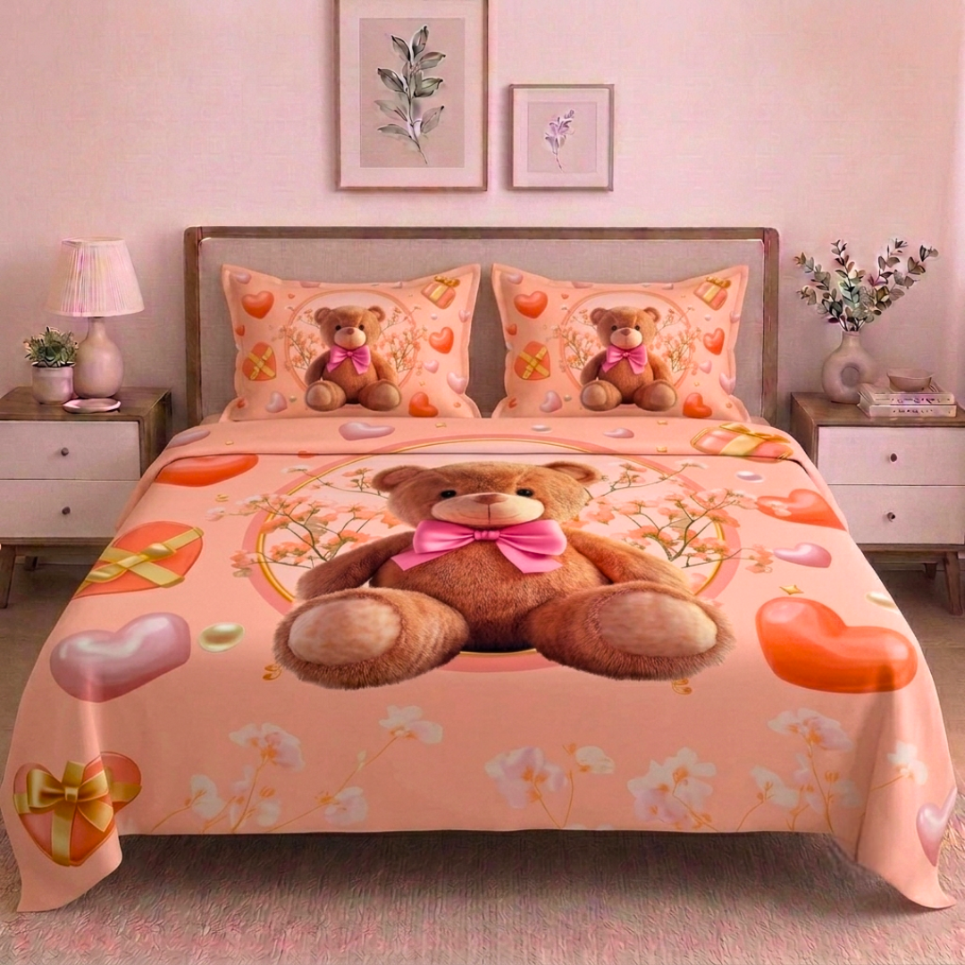 100% Cotton King bedsheet with 2 pillow covers - Teddy Hugs