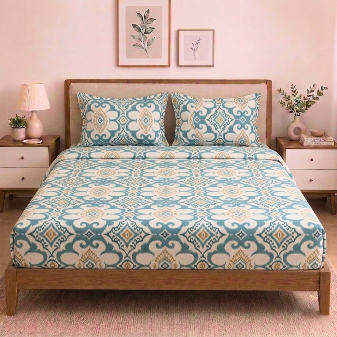 100% Cotton King bedsheet with 2 pillow covers -Floral Tile