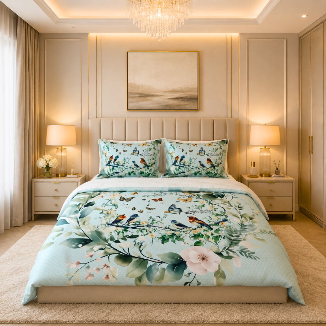 Luxury Italian Cotton King bedsheet with 2 pillow covers 350TC - Bird's Nest